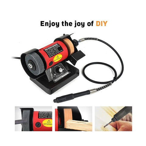 150 Watt Mini Bench Grinder And Polisher For Jewelry Crafting And Jade Engraving Featuring Adjustable Speed Control shown in workstation setup.