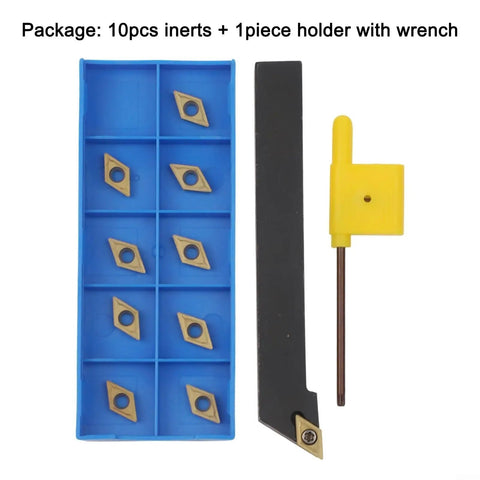 External Lathe Tool Holder For CNC Turning with 10 DCMT070204 carbide inserts, alloy steel bar, and wrench, complete set