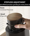 Top Shelf Electric Conical Burr Coffee Grinder Single Dose Fresh Roast Mill showing stepless adjustment dial for precise grinding.