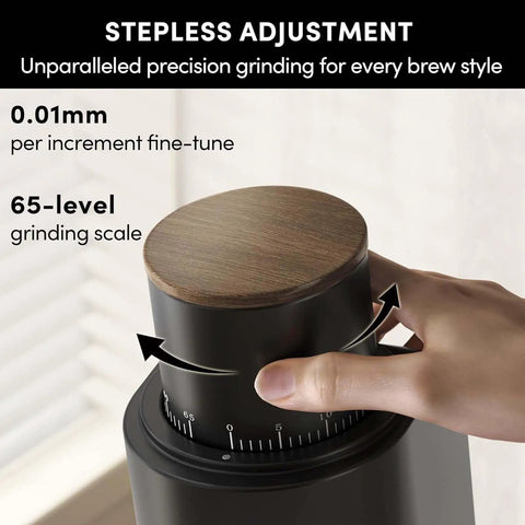 Top Shelf Electric Conical Burr Coffee Grinder Single Dose Fresh Roast Mill showing stepless adjustment dial for precise grinding.