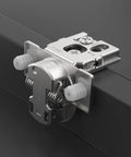 Straight Up Fifty Pack One Quarter Inch Overlay Soft Close Concealed Kitchen Cabinet Hinges For Face Frame Setup With No Sweat Dowels And Premium Satin Nickel Hardware close-up view of the hinge.