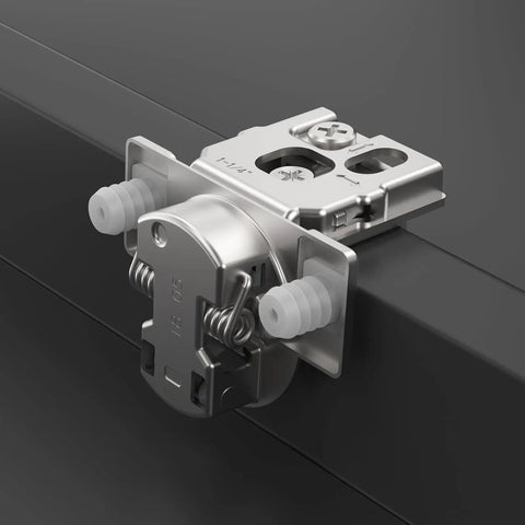 Straight Up Fifty Pack One Quarter Inch Overlay Soft Close Concealed Kitchen Cabinet Hinges For Face Frame Setup With No Sweat Dowels And Premium Satin Nickel Hardware close-up view of the hinge.
