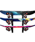 A Badass Skateboard Wall Mount Rack To Keep Your Boards Off The Floor With Adjustable Layers Grabbing Three Decks Securely, showcasing three colorful skateboards.