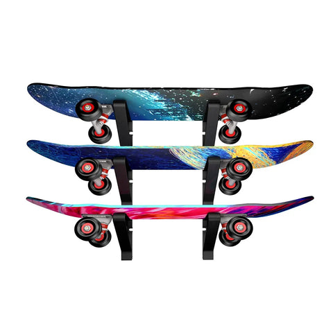 A Badass Skateboard Wall Mount Rack To Keep Your Boards Off The Floor With Adjustable Layers Grabbing Three Decks Securely, showcasing three colorful skateboards.