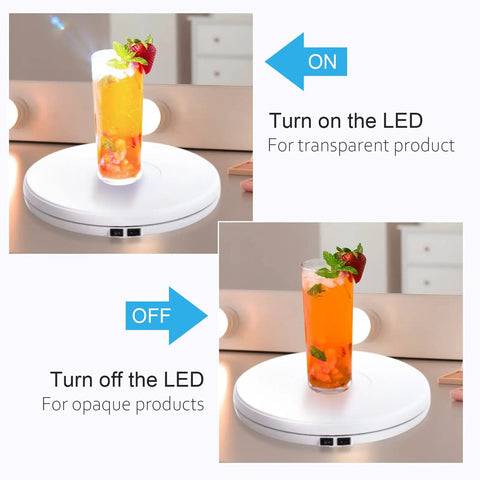 Tuanse 10 Inch Electric Motorized Rotating Turntable Cup Display Stand With Led Light, 360 Degree Product Showcase For Shop Jewelry Photography Video, White, 44 Lb Centric Loading Capacity with glass drink.