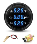 Front view of ARTILAURA 3-in-1 52mm blue-backlit boat gauge kit with oil pressure, water temperature and voltmeter.