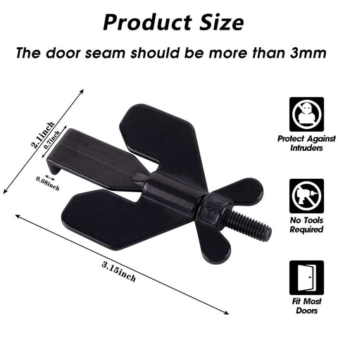 Diagram of portable door lock for travel and home security with extra privacy, showing dimensions and features icons
