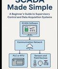 Cover of 'SCADA Made Simple,' a beginner's guide to Supervisory Control and Data Acquisition showing software and network diagrams.