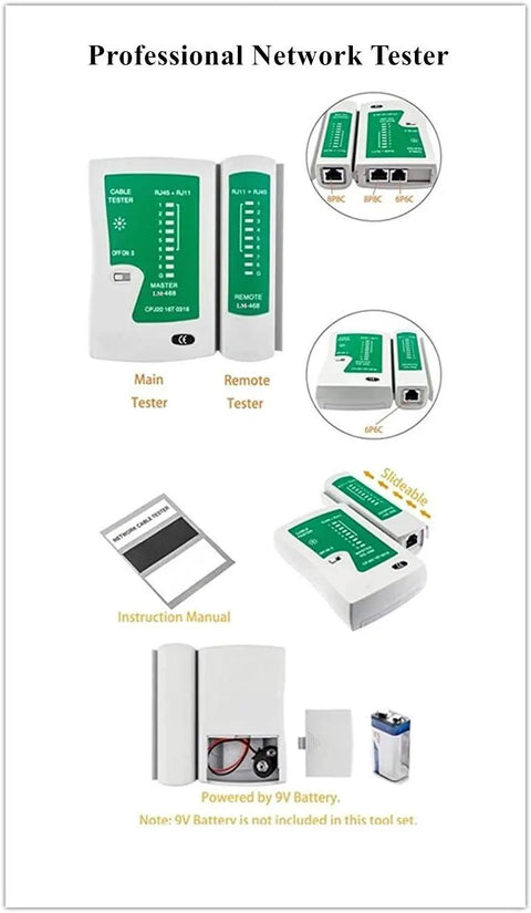 RJ45 Crimp Tool Kit For Cat5 And Cat5e Installations with cable tester, instruction manual, and battery compartment detail