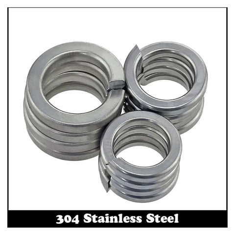 304 stainless steel lock washer set, split spring washers with gasket ring, close-up of mixed sizes
