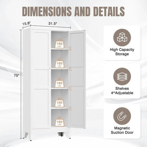 Dimensions of Beefy Heavy Duty Metal Pantry Cabinet With Two Doors And Four Adjustable Shelves, 75 Inch Tall White Steel Cupboard