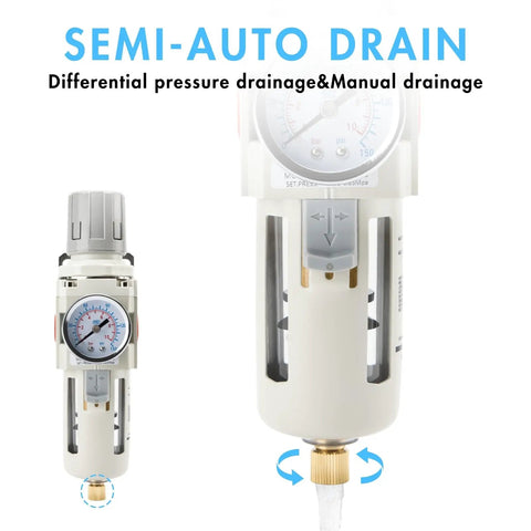 Half Inch NPT Air Pressure Regulator Water Separator for Air Compressors With 0 To 150 Psi Gauge Semi Auto Drain 5 Micron Brass Filter