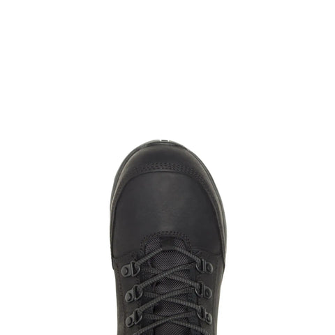 Top view of Grayson Mid Steel Toe Waterproof Work Boot For Men, Black, Size 9 Medium, showing laces and weatherproof leather