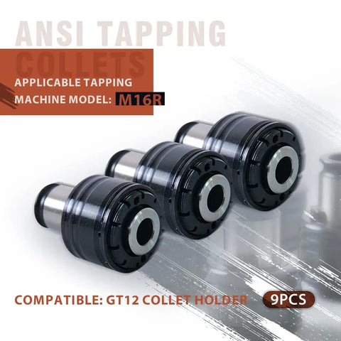 Versatile ANSI Tapping Collets Set for M16 Electric Tapping Machine with three collets and nine adapters displayed