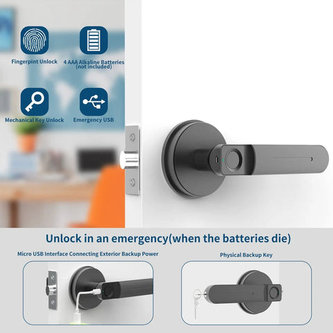Smart Fingerprint Door Lock With Handle Keyless Entry Sleek One Touch Unlock Dual Access And Mechanical Key Backup Perfect For Bedroom Or Office Black shown on a white door, with USB and key options displayed.