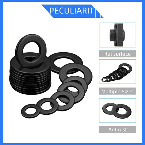 Heavy Duty M10 Flat Washers Set in Black Finish, 20mm Outer Diameter, 2mm Thick, shown in stacked configuration