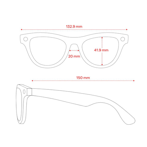 Technical drawing of Meta Gen 2 Skyler Smart AI Glasses In Shiny Black For Men And Women with size measurements in mm.