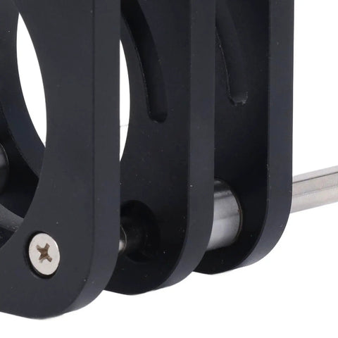 Pro Grade Heavy Duty Beefy Aluminum Router Table Lifting Base With Stainless Steel Rod For 64 To 66 Mm Carving Machines Four Jaw Clamping System 51 Mm Maximum Lifting Stroke Black close-up of black aluminum clamp and stainless steel rod