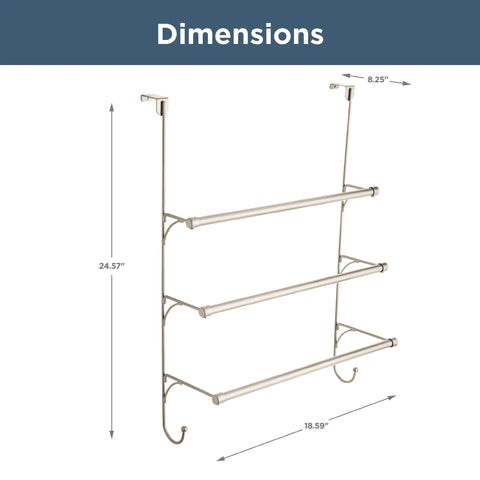 Over The Door Towel Rack With 3 Tier Hooks In Nickel Finish, Space Saving Bathroom Organizer dimensions 18.59 x 8.25 x 24.57 in