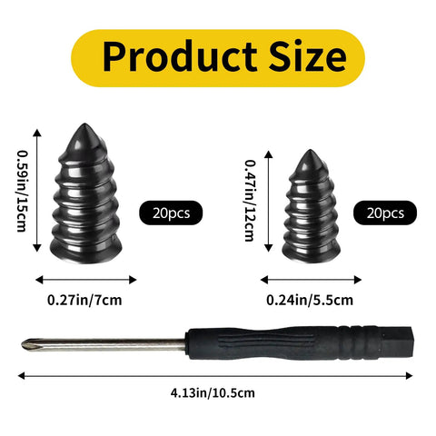 Dimensions of 40 Piece Tire Repair Kit With Two Sizes Of Rubber Nails Includes Screw In Plugs Box And Driver DIY Fast Self Service Tire Patch Tool For Cars And SUVs No Tire Removal Needed Easy Quick Seal And Repair On The Go with screw sizes and driver shown