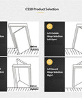 Diagram showing four door orientation options with hinge selections for indoor and outdoor use.