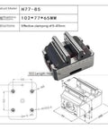 Heavy Duty Self Centering Vise With Five Axis Fixture For CNC Machining And Concentric Clamping, dimensions 102x77x65mm shown.