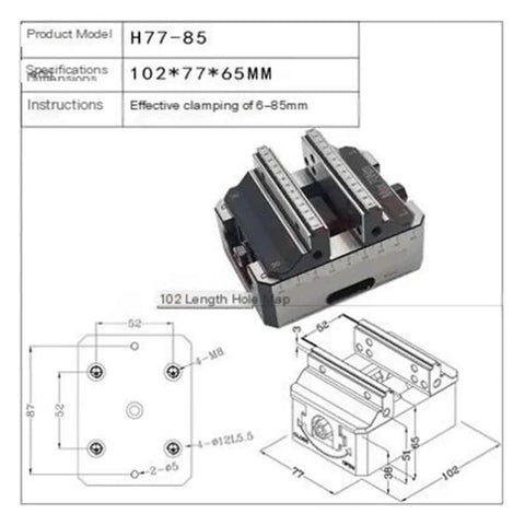 Heavy Duty Self Centering Vise With Five Axis Fixture For CNC Machining And Concentric Clamping, dimensions 102x77x65mm shown.