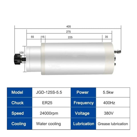 Technical diagram of Beefy Five And A Half Kilowatts CNC Milling Spindle Motor Water Cooled ER25 Chuck D125mm 24000 RPM 380V