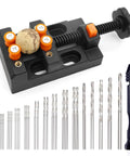Pro Grade Pin Vise Hand Drill Kit Featuring 30 High Speed Steel Twist Bits And A Solid Mini Carving Clamp with a black vise and twist bits.