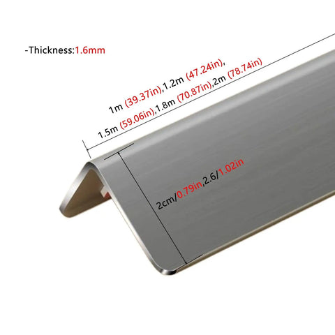 Close-up of Aluminum L Shaped Wall Corner Guard with 89 Degree Tight Fit and Rounded Edge, dimensions in cm and inches