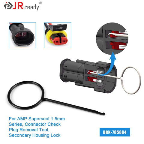 Heavy Duty DdS Metal Storage Handle Pin Removal Kit For Weather Pack And Metri Pack Connectors shows AMP connector removal tool and plug.