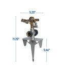 Heavy Duty Brass Impact Lawn Sprinkler With Adjustable 360 Degree Coverage Spreads Up To 90 Feet Across Zinc Spike Base shown vertically