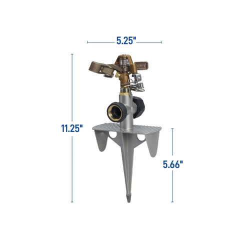 Heavy Duty Brass Impact Lawn Sprinkler With Adjustable 360 Degree Coverage Spreads Up To 90 Feet Across Zinc Spike Base shown vertically