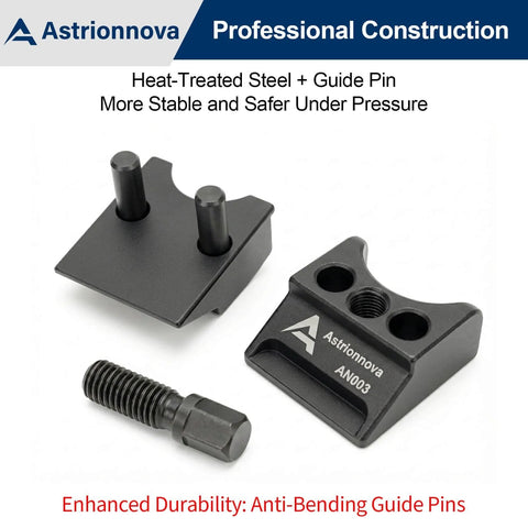 Astrionnova universal suspension strut spreader tool front view; heat-treated steel, dual-end blocks with guide pin.
