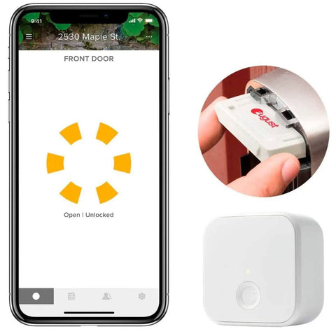 WiFi And Bluetooth Upgrade Kit For First Gen Assure Locks And Levers, Turn Your Lock Into A Smart Lock You Can Control From Anywhere With The Yale Access App, Not Compatible With Yale Assure Lock 2, AYR202-CBA-KIT shown with app interface and components.