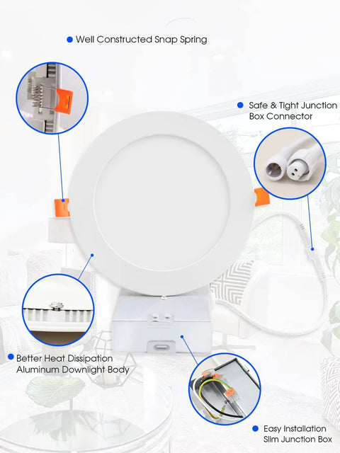 Six Inch Ultra Thin LED Recessed Light With Junction Box 5000K Daylight Canless Wafer Downlight 12W Equals 110W Dimmable Ceiling Light 900 Lumens ETL Certified Easy Install Pack Of Six showing components