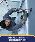 Person using 8 Inch Adjustable Pliers For Plumbing With Tongue And Groove Jaws And Locking Mechanism in tight bathroom space