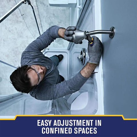Person using 8 Inch Adjustable Pliers For Plumbing With Tongue And Groove Jaws And Locking Mechanism in tight bathroom space