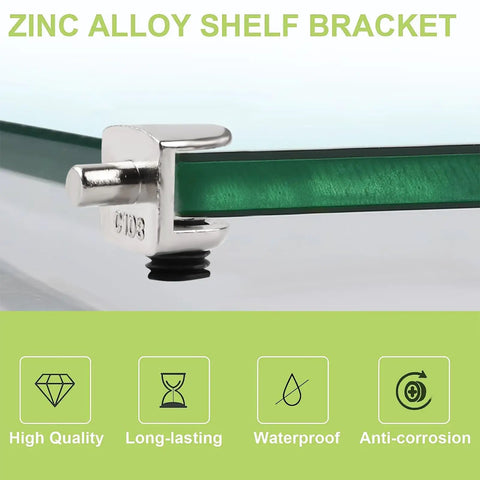 Rock Solid Wall Mounted Glass Shelf Brackets 20 Piece Zinc Alloy Pin Clamps close-up on adjustable clamp securing 4 to 8mm glass.