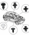100Pcs Box Set Bumper And Fender Liner Clips Kit With 6 Sizes Push Type Retainer Fasteners For Ford Taurus E 350 Econoline Expedition And F 150 Heritage Auto Repair DIY displayed with car diagram and clip sizes