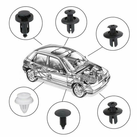 100Pcs Box Set Bumper And Fender Liner Clips Kit With 6 Sizes Push Type Retainer Fasteners For Ford Taurus E 350 Econoline Expedition And F 150 Heritage Auto Repair DIY displayed with car diagram and clip sizes