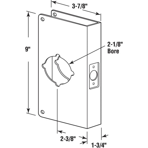 Diagram of Stainless Steel Door Lock Reinforcement Plate for 1-3/4 Inch Thick Doors with dimensions and bore size