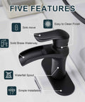 Waterfall Matte Black Bathroom Faucet For Single Hole Or 3 Hole Sinks With Ceramic Valve, labeled features and matte black finish.