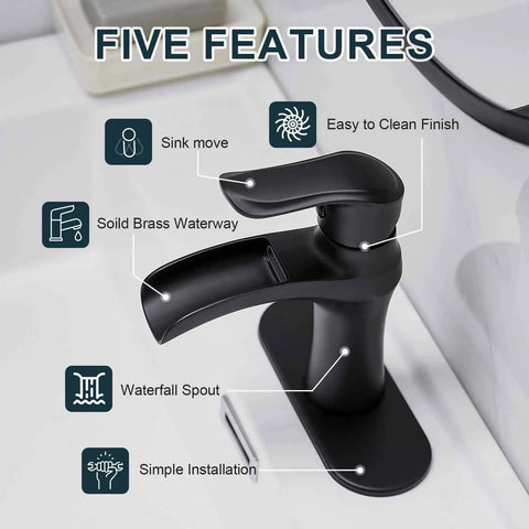 Waterfall Matte Black Bathroom Faucet For Single Hole Or 3 Hole Sinks With Ceramic Valve, labeled features and matte black finish.