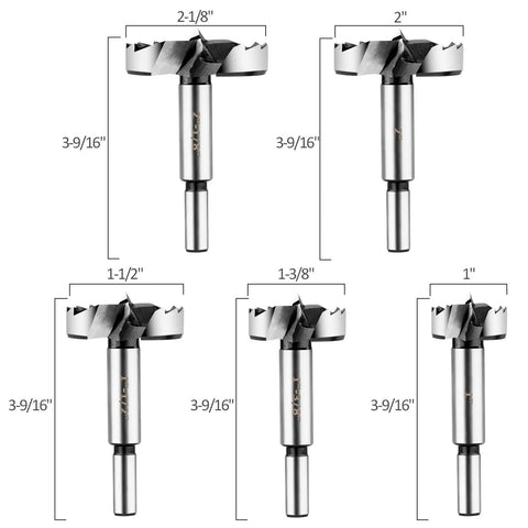 5 Piece Forstner Bit Set For Woodworking With Round Shank High Speed Carbon Steel Drill Bits For Precise Wood Holes, sizes labeled