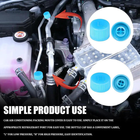 Keep Things Chill Under The Hood With These Tight Sealing Car AC Valve Caps Crafted For R134a Systems, showing blue caps on refrigerant ports.