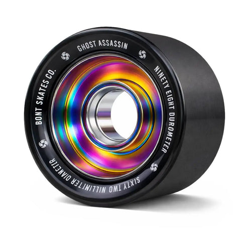 Ghost Assassin Aluminum Hub Roller Skate Wheels 62mm 98A Indoor Jam And Speed Set Of 8 Black with iridescent core detail