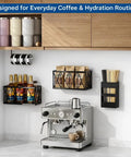 4 Pack No Drill Cabinet Door Lid Organizer For Plastic And Tumbler Lids Wall Mounted Kitchen Storage With Magnetic Straw Holder, black organizer with coffee supplies.