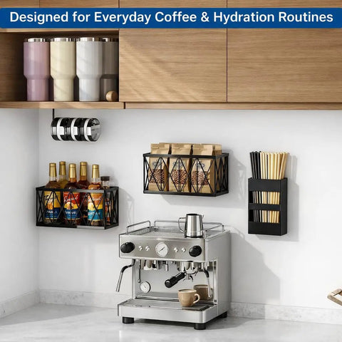 4 Pack No Drill Cabinet Door Lid Organizer For Plastic And Tumbler Lids Wall Mounted Kitchen Storage With Magnetic Straw Holder, black organizer with coffee supplies.