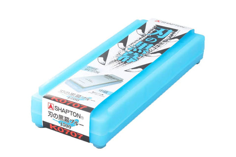 K0707 Whetstone Knife Sharpening Stone 1500 Grit Medium Blue with Plastic Case for stable sharpening base shown from the side